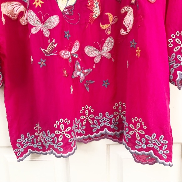 Johnny Was | Butterfly & Floral Embroidered Pink Short Sleeve Bellona Blouse - Picture 6 of 11